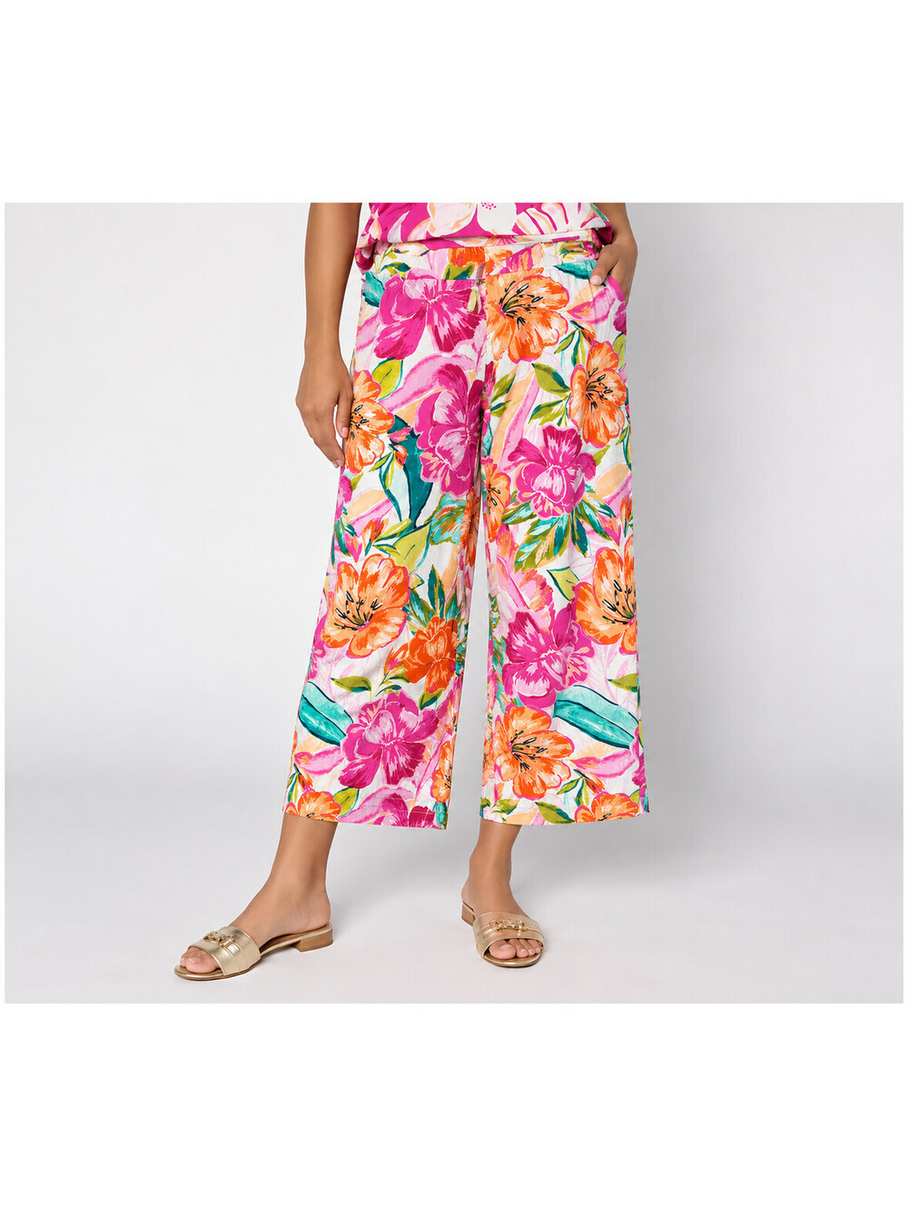 Denim & Co. Beach Jersey Wide Leg Crop Pants Pink Tropical, Size Medium Tall